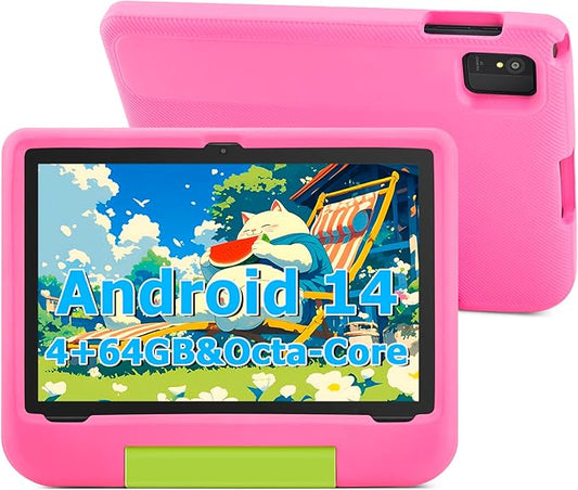 Kids Tablet, 10.1 Inch Android 14 Tablet for Kids, Octa-Core, 8(4+4)GB RAM 64GB ROM Expandable, IPS HD 1280x800, WiFi 6, 5000mah Battery, GMS, 2.0MP + 5.0 MP, Parental Control Mode (Pink EVA Case)