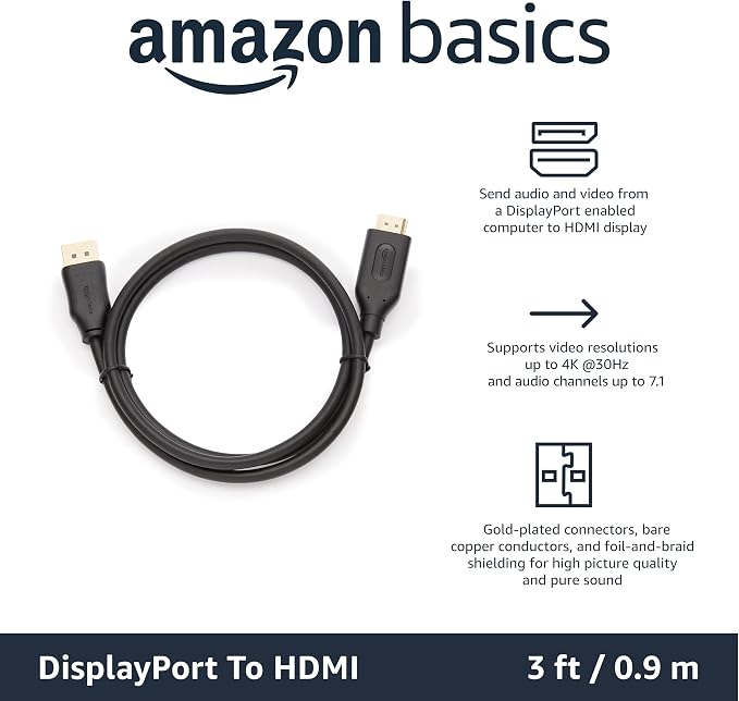 Amazon Basics DisplayPort to HDMI Cable, Uni-Directional, Gold-Plated, Video and Audio, 3 Foot, Black