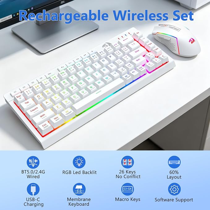 Redragon Wireless Gaming Keyboard and Mouse Combo, Bluetooth/2.4G/USB-C Wired, RGB Backlit, 60% Portable Quiet Rechargeable Macro Membrane Keyboard & 12800 DPI Mouse for Win/MAC, White