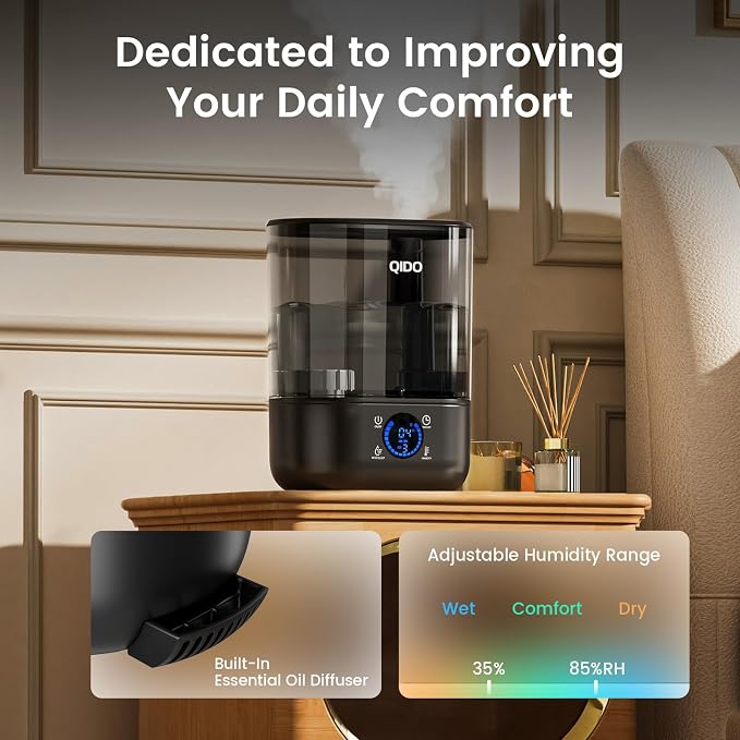 QIDO Top Fill Humidifiers for Bedroom, 5 L Cool Mist 36H Super Long Time, Quiet 28dB Essential Oil Diffuser for Baby & Plants, 3 adjustable Mist with Touch/APP/7-color Nightlight, Black