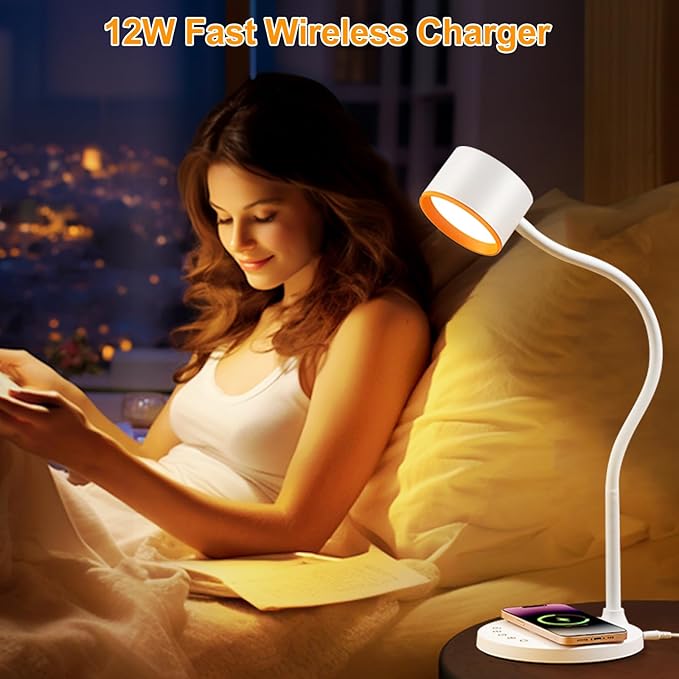LED Desk Lamps for Home Office, Desk Lamp with USB C + A Dual Charging Ports, Wireless Charger, 5 Colors Dimming Reading Lamp Timer/Memory Touch Bedside Table Lamp for Bedroom College Dorm Room White