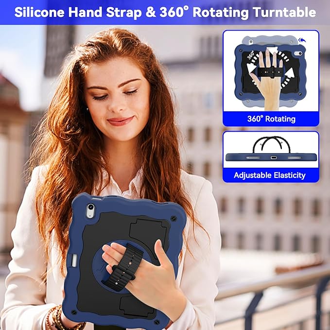 ZoneFoker for iPad A16 11th Generation 2025 / 10th Gen Case 2022, for 11 Inch / 10.9 Inch iPad Case Heavy Duty Cover Shockproof with Pencil Holder [360° Rotate Strap] & Stand, Navy Blue