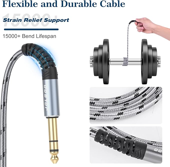 JOLGOO 1/4 Inch TRS Cable 10ft 2-Pack, 1/4 Inch Guitar Cable 10 Ft, 6.35 Balanced Interconnect Line for Electric Guitar, Bass, Keyboard, Mixer, Amplifier, Speaker, Electric Mandolin, pro Audio