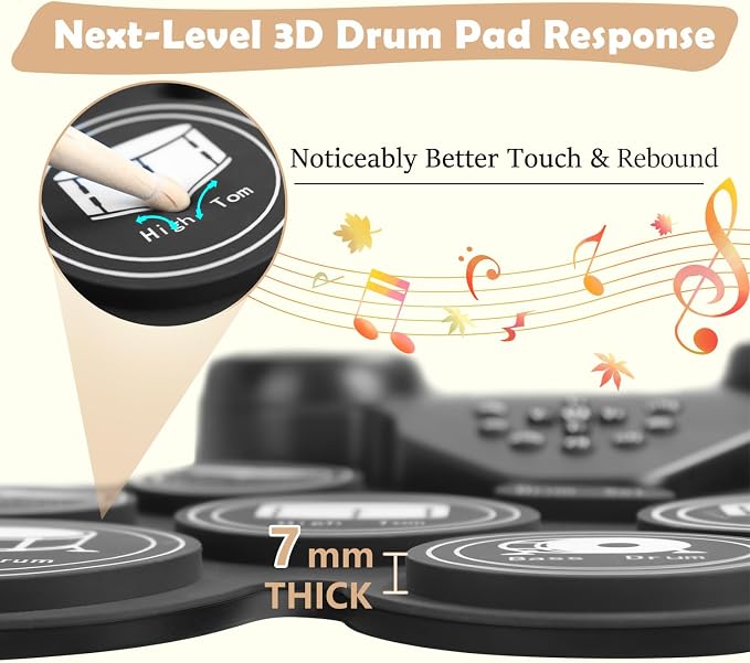 Electric Drum Set with 7 Colorful LED Light Patterns, Enhanced Rebound Feel, 9 Pads, Bluetooth MIDI, Dual Speakers for Kids and Adult Beginners