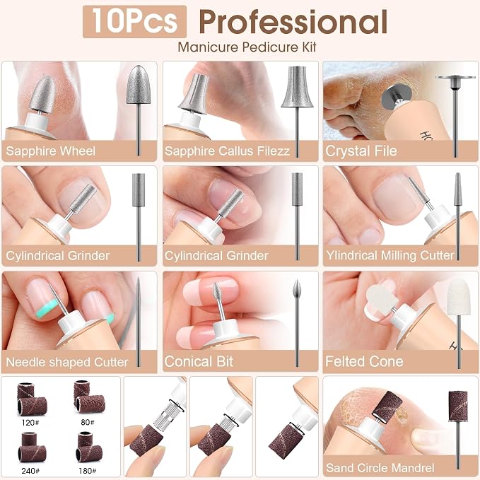Professional Manicure Pedicure Kit, Cordless Electric Nail Drill with 360° LED Light&10 Speeds&Memory Mode, Pedicure Tools for feet, Hand Foot Care Nail Drill for Thick Nail Toenail Cuticle, Pink
