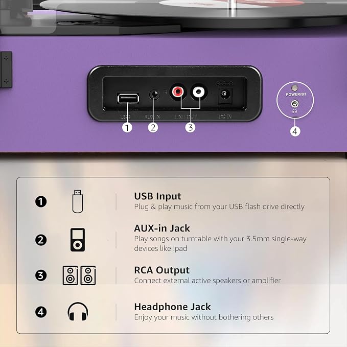 Vinyl Record Player with Built-in Speakers and USB,Belt-Driven Bluetooth Turntable with 3 Speed AUX Input Headphone Jack and RCA Output Vintage Wooden Purple