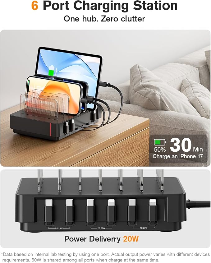 SooPii HomeHub H1 Charging Station for multiple devices,Upgraded 6-Port Desktop Fast Charger with 6 Retractable Cables（4*C+2*iP）,60W PD charger station for iPhone/Tablet,Tangle-Free Charging Organizer