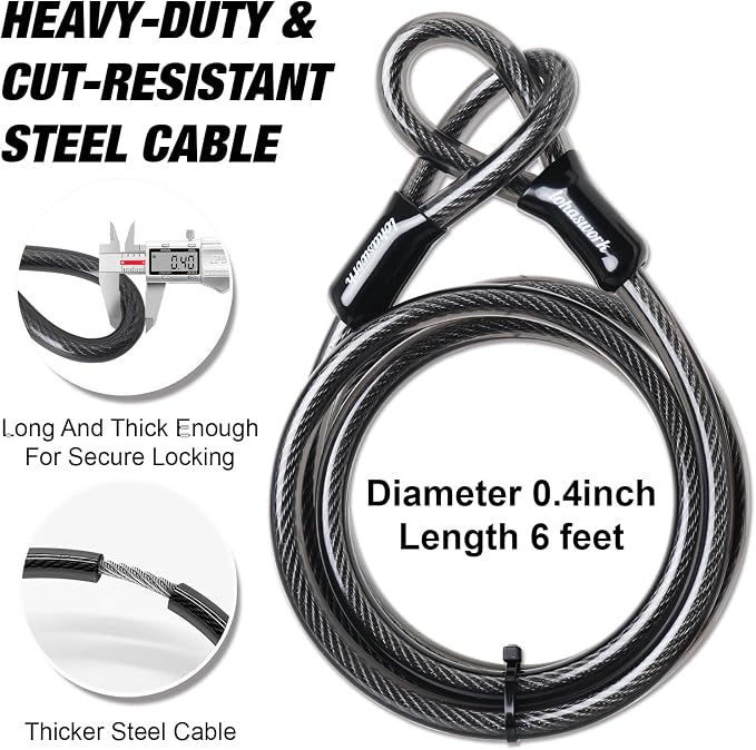 Bike Lock, Heavy Duty Anti Theft Bicycle Lock, U Lock with 6Ft Steel Cable, Locks with 3 Key & Mounting Bracket for Electric Bike Scooter Motorcycle Door Gate