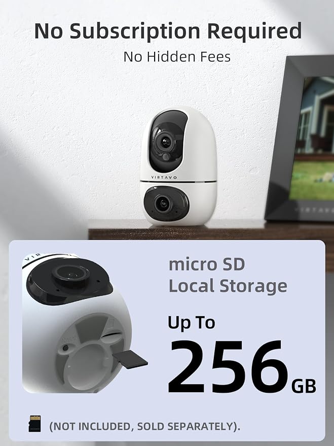 VIRTAVO Pet Camera Indoor for Dogs & Cats, 360° PTZ Pet Monitor with Motion Tracking, Dual‑Lens, 2‑Way Audio, Night Vision, No Subscription, Wi‑Fi 6 (2.4GHz/5GHz), SD & Cloud Storage