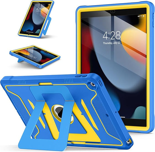 Soke Case for iPad 9th/8th/7th Generation 10.2-Inch (2021/2020/2019 Release), with Screen Protector and Multi-Angle Kickstand, Rugged Full Body Heavy Duty Protective Cover - Blue Yellow