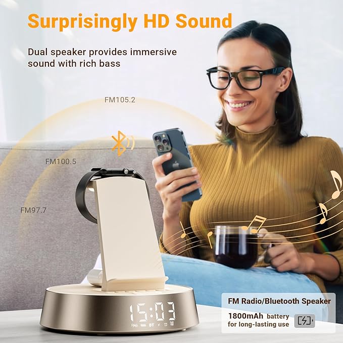 Alarm Clock with Wireless Charging Station, Clock for Bedroom with Night Light Bluetooth Speaker, Wireless Charger Dock Station for iPhone 17 16 15 14 13 12 Pro Max, Apple Watch 11, AirPods 3 (Beige)