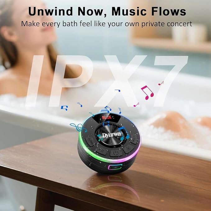 Bluetooth Shower Speaker, IPX7 Waterproof Shower Speaker with Loud Clear Sound, LED Display/RGB Lights/Suction Cup, Built-in Mic, 10H Playtime, Bathroom Speaker for Pool/Beach/Party/Gift.