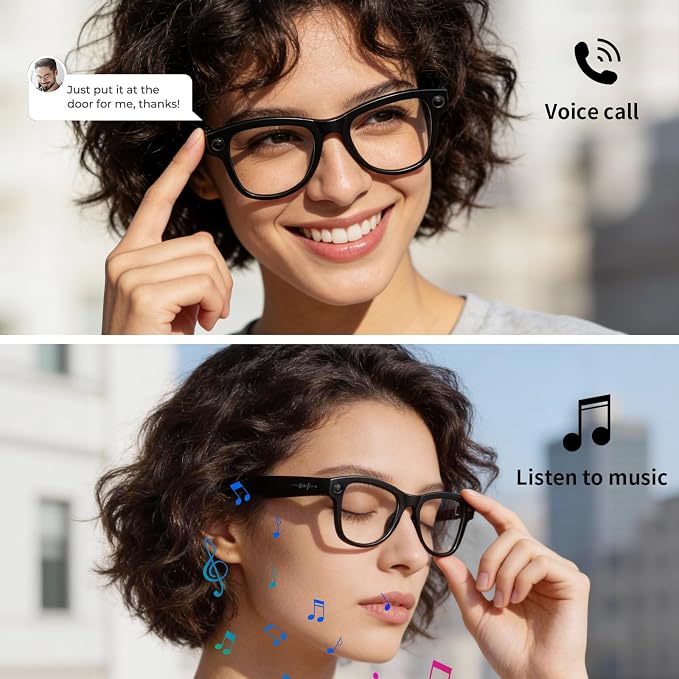 AI Smart Glasses with Camera Stabilization - 8MP POV Video Recording, Real-Time AI Translation, Smart Assistant, Dual-Mic Noise Canceling for Travel & Meetings - Anti-Blue Light, Beige Frame