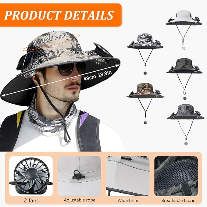 Solar Fan Hat, Wide Brim Sun Hat with 2 Built-in Solar Fans, UPF 50+ Sun Protection Outdoor Fishing Hiking Camping Beach