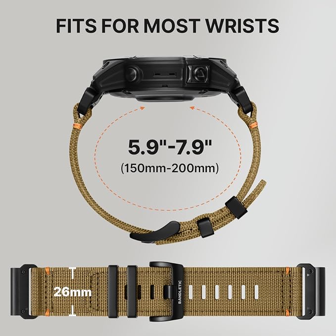 Bandletic Compatible with Garmin Fenix 8 51mm Band - 26mm Quick Fit Rugged Nylon Strap for Fenix 7X 6X Pro/5X Plus/3/3 HR/Instinct 2X Solar 3 50mm /Enduro/Quatix/Tactix/Epix Pro 2/D2 Bravo/D2 Delta PX