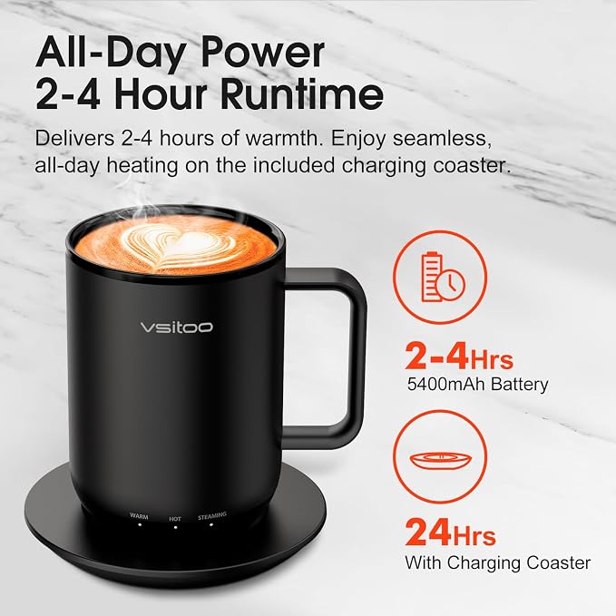 Vsitoo S3 Plus 14oz Self Heating Coffee Mug with Auto-Sensing AI - Smart Rechargeable Heated Mug, Temperature Control 120-150℉, IPX7 Waterproof, Coffee Warmer Gift for Women Men - Black