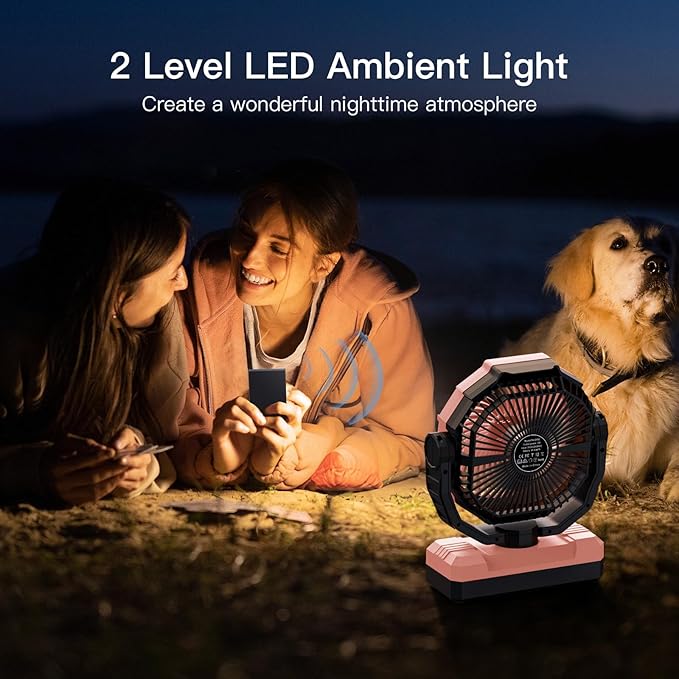 FRIZCOL 3-in-1 Camping Fan - Portable Fans Rechargeable - 24000mAh Battery Powered Fan with Light for Indoor, Outdoor, Tent, Travel, Fishing, Jobsite, Gifts for Men Dad Him - Pink
