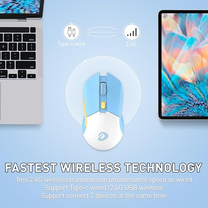 DAREU Wireless Gaming Mouse with Charging Dock Rechargeable RGB,12K DPI,6 Programmable Buttons High-Precision Sensor [300IPS] [1000Hz] for PC Notebook Mac (Blue&Charging Dock)