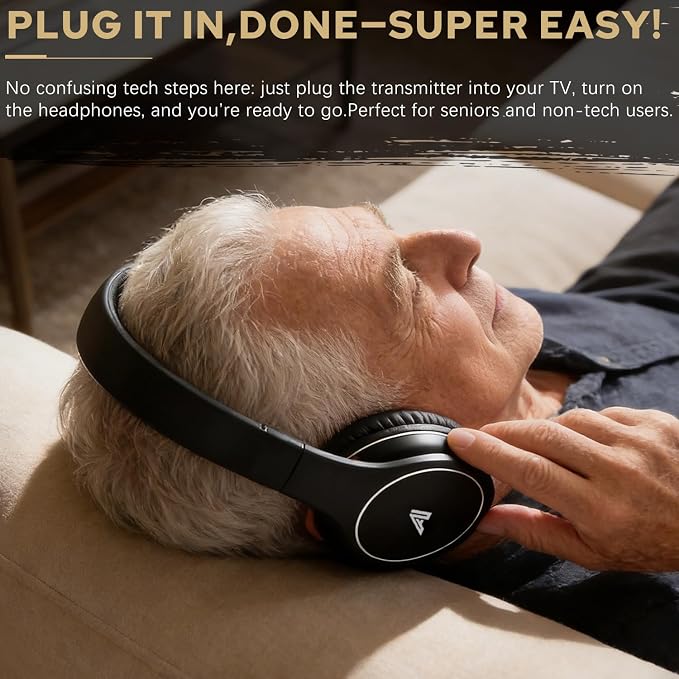 Ansee Wireless TV Headphones for Seniors & Hearing Impaired, Folding Over Ear Headphones with 2.4GHz RF Transmitter Support Optical RCA AUX, No Audio Delay, 100ft Wireless Range (Black)