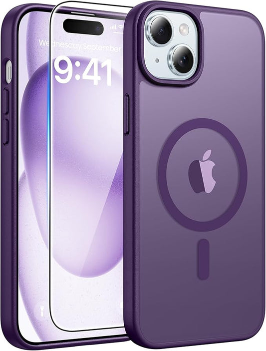 FNTCASE for iPhone 15 Case: for iPhone 14 Case & iPhone 13 Case [Compatible with Magsafe] Translucent Matte Cases with [Screen Protector] Military Grade Shockproof Protective Phone Cover - Purple