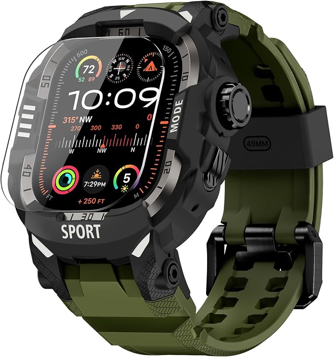 DABAOZA Rugged Case with Band Screen Protector Compatible with Apple Watch 49mm, for iWatch Ultra 3/2/1,Military Grade Shockproof Bumper and Men's Tactical Heavy Duty Strap(Army Green,49MM)