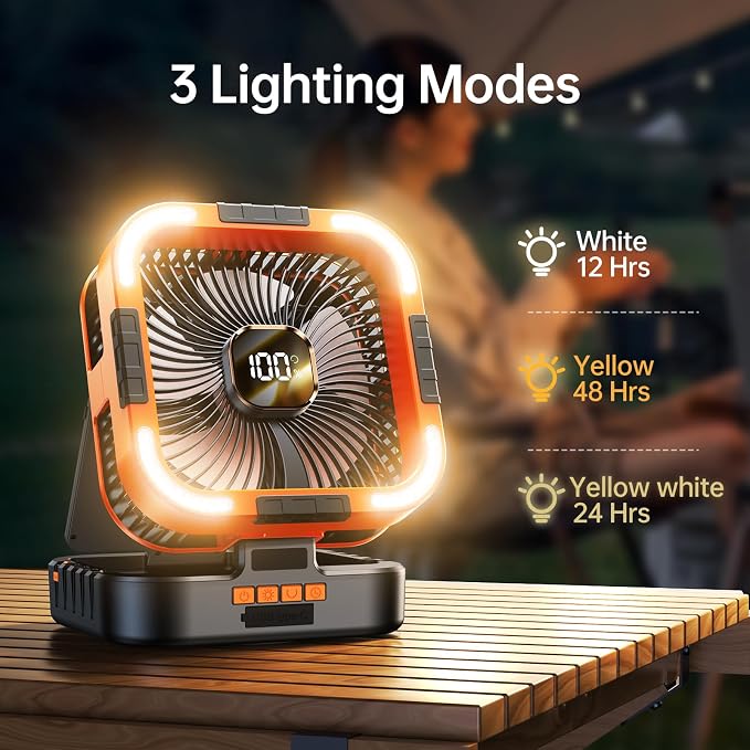 KIMMOO Solar Camping Fan with Light-10000mAh Rechargeable Portable, 6 Speeds, Digital Display, Timer, 120° Oscillation, Cordless Battery Powered Fan for Home Outdoor Tent Travel BBQ Fishing (Orange)