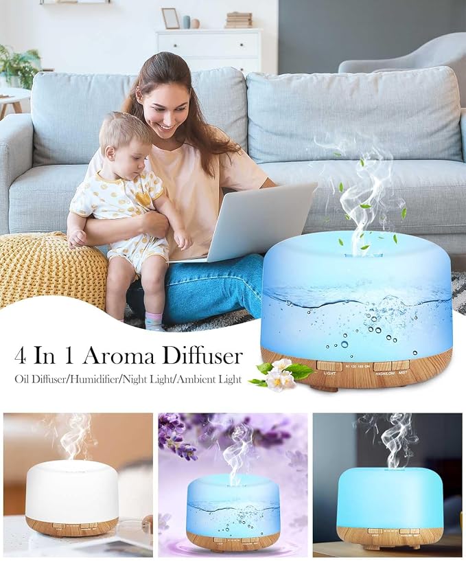 Essential Oil Diffuser 500ml-Humidifier,Aroma Diffuser for Home with 7 Colors Light,Remote Control Air Diffuser for Large Room,Bedroom,Office(Light Wood)