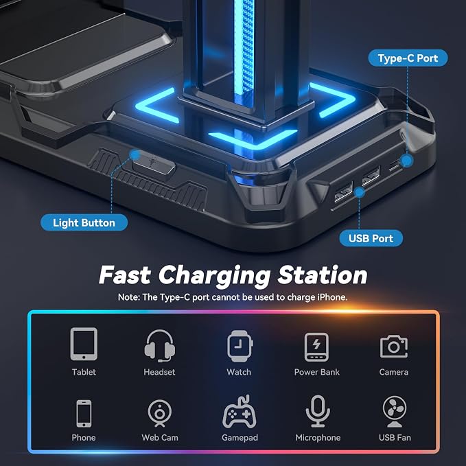 KDD Headset Controller Stand with USB A&C Charger Ports & RGB Rotatable Headphone Stand with 2 USB Charging Ports and 3.5mm