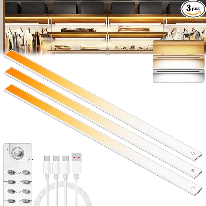 276 LED Under Cabinet Lights Wireless with Full Lighting,Rechargeable Closet Lights with Remote and Motion Sensor Indoor,Under Counter Light with CCT and Dimmable for Kitchen,Stair(3 Pack,31.5inch)