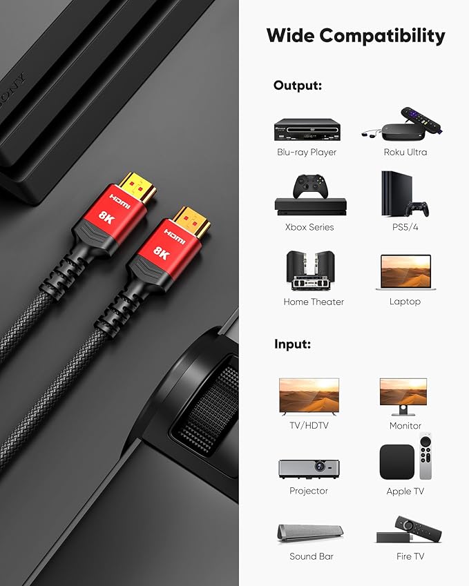 Highwings HDMI Cables 3.3FT/1M 2-Pack, (HDMI 2.1) 10K 8K@60Hz 4K@120Hz 48Gbps HDMI Cord, Ultra High Speed Picture Quality Performance Cable, Braided, HDCP 2.2&2.3, eARC, Ease of Installation