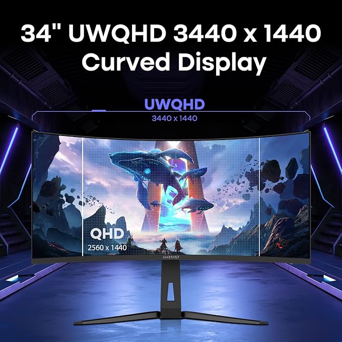 Amzfast 34 Inch Curved Monitor 200Hz UWQHD (3440x1440) Gaming Monitor, 1ms G-SYNC Compatible, 1500R, PIP/PBP, HDR, 131% sRGB, Tilt/Swivel/Height Adjustable,TÜV Rheinland, HDMI 2.1 x 2 & DP 1.4 x 1