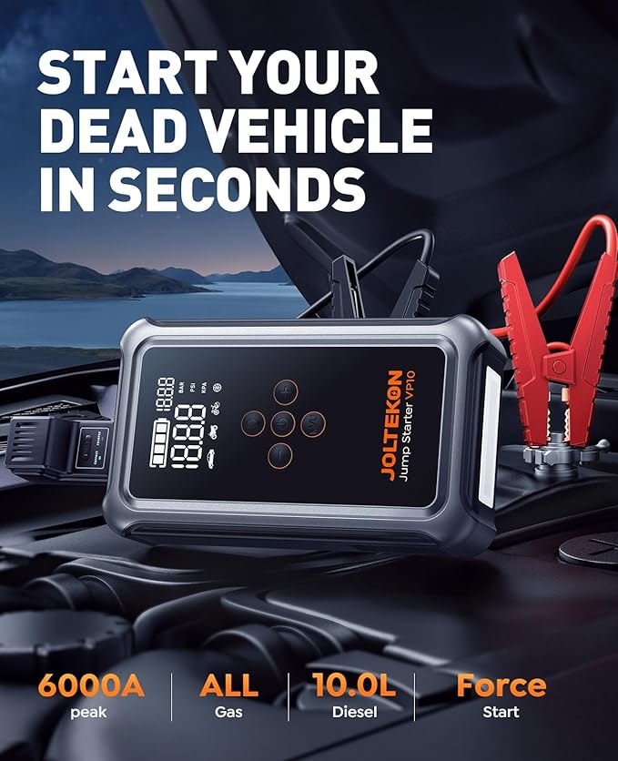 Car Battery Jump Starter with Air Compressor 6000A 150PSI, Car Jumper Starter Portable (All Gas/10L Diesel), Jump Box Car Battery with Auto-Shutoff Tire Inflator, Jumper Cables and Light