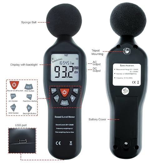 Decibel Meter Sound Level Meter Recorder Digital dB Meter Professional Noise Meter Detector Monitor 30dB to 130dB Portable SPL Decibel Meter with Data Logging for Home, Office, Outside