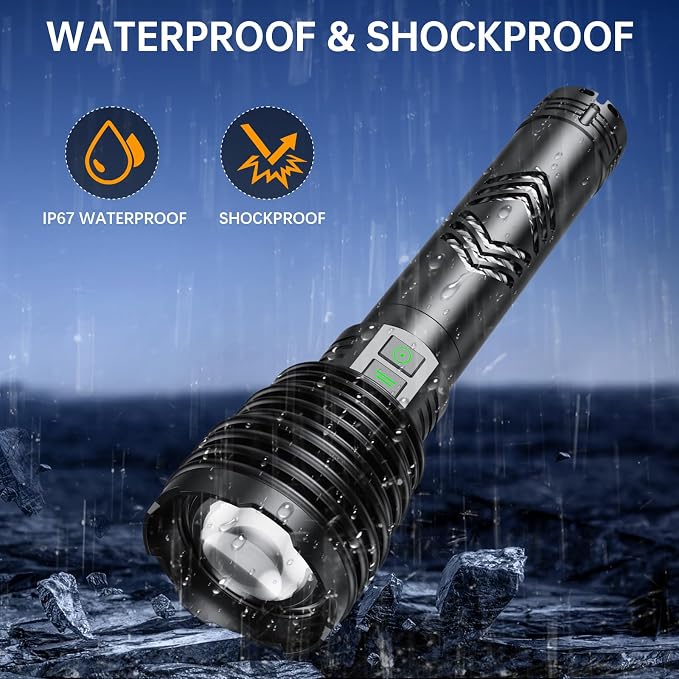 baibian Rechargeable Flashlights 600,000 High Lumens, Super Bright LED Flashlight with Long Handle, Large Capacity, Zoomable & 6 Modes, Waterproof Handheld Flashlight for Camping Emergencies Home