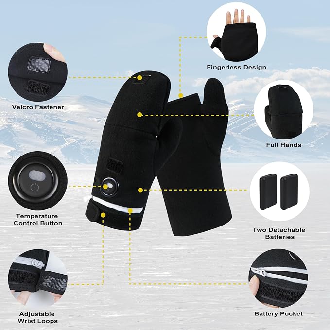Heated Gloves for Men Women, Rechargeable Full & Half Hands Electric Fingerless Heated Mittens, 5000mAh Rechargeable Battery, Winter Hand Warmer Warming Gloves for Work Cycling Skiing (Medium)