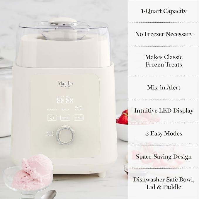 Martha Stewart 1 Quart Ice Cream Maker, Built-In Compressor, No Pre-Freezing Required, 3 Modes (Ice Cream, Sorbet, Frozen Yogurt), Automatic Mix-In Alert, Dishwasher-Safe Parts, Linen Cream