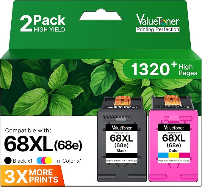 68XL Ink Cartridges Black Color Combo Pack for HP Ink 68 68XL 68e Replacement for HP 68XL 68 68e Ink Cartridges Compatible with Envy 6155e 6555e 6152e 6552e 6558e 6165e (2 Pack, 1 Black, 1 Tri-Color)