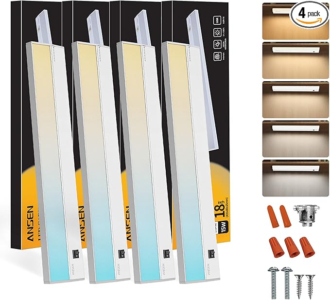 Ansen 4Packs of Under Cabinet Lighting Hardwired, 18IN 15W 998LM, Dimmable Led Light for Kitchen/Bar/Closet, CRI>92, R9>90, 5 Color Temperature, 2700K-5000K(Warm White, Cool White, Daylight)