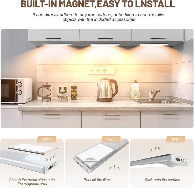 6 Pack Under Cabinet Lights Wireless, 50 LED Motion Sensor Light Indoor Rechargeable Magnetic Closet Lights Battery Operated, Under Counter Lights for Kitchen, Wardrobe, Stairs, Warm Light
