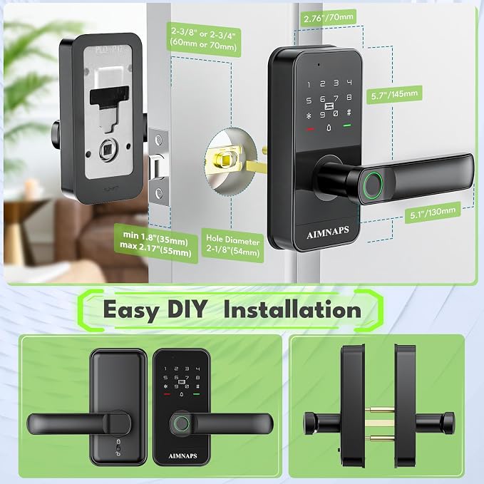 Keyless Entry Door Lock with Handle, Door Locks for Front Door, Auto Lock, WiFi Fingerprint Door Knob with App, Key, Passcode, Digital Smart Code & Front Handle Sets-Black