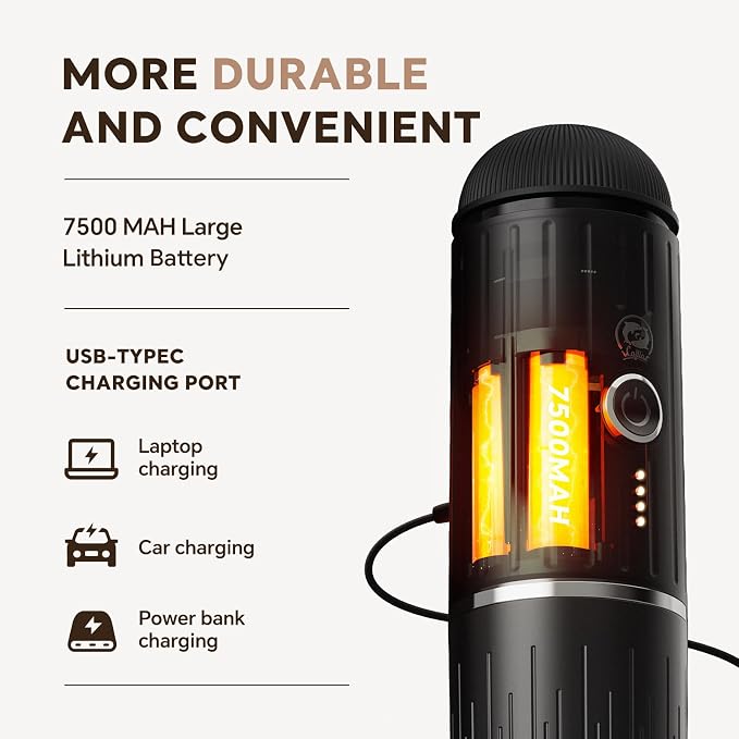i Cafilas Portable Espresso Machine Self-Heating | Battery Powered Coffee Maker for Camping without Electricity| 2-in-1 Ground Coffee&NS Capsule|19 Bar| USB-C Fast Charge| Black Coffee Maker for Car