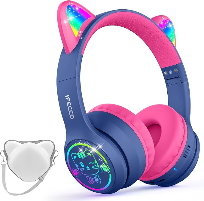 IFECCO Kids Wireless Headphones with Case - Cute LED Light Up Cat Ear,50H Playtime,Safe Volume Limited,Bluetooth 6.0 Kids Girls Headphones for School iPad Tablet Gifts
