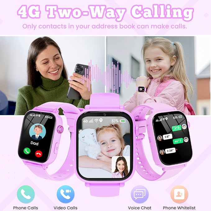 4G Kids Smart Watch GPS Tracker, Smartwatch for Kid with Video Calling, Voice Chat, Class Mode, SOS , Pedometer, Alarm, SIM Card HD Touch Screen Phone Watch Gift for 4-12 Girls Boys (Light Purple)