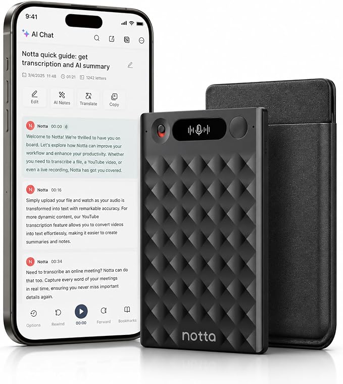 AI Voice Recorder, Notta Memo Digital Voice Recorder w/Case, AI Transcription & Summary of Global Main Languages, 2000h Recording Memory, One-Press Recording for Calls, Meetings, Interviews, Lectures