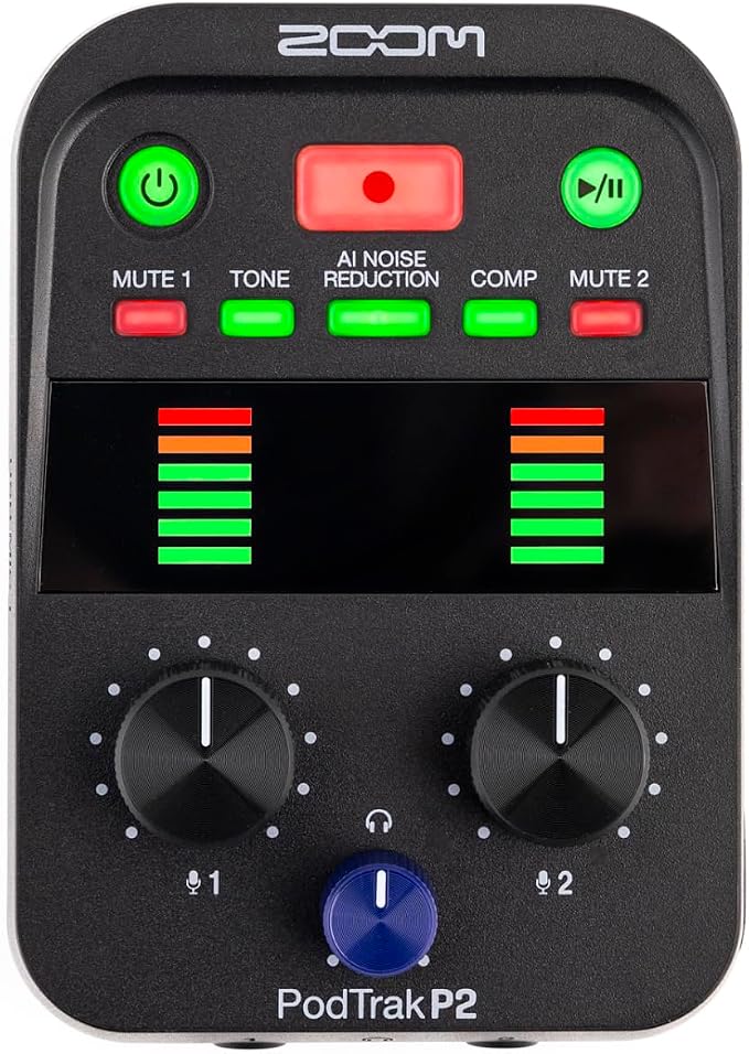 Zoom PodTrak P2 Podcast Recorder, 2 USB Mic Inputs, 2 Headphone Outputs, AI Noise Reduction, Tone & COMP Effects, Remote Guest Recording, SD Card, Battery/USB-C Powered