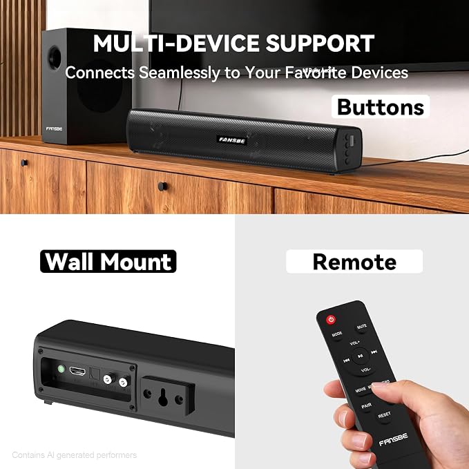 TV Sound Bar Subwoofer Bluetooth, Home Theater Sound Bar System, TV Speakers Sounds Bars Subwoofer, Hdmi(ARC) OPT COAX AUX USB 2.1ch Home Audio TVs/PC/Projector Treble Bass 3 Modes Remote, Black