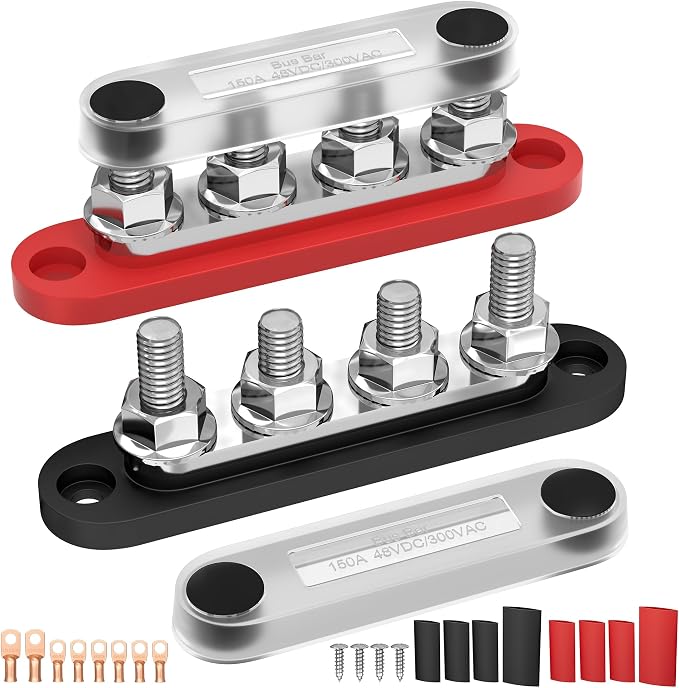 150A 12V Bus Bar Terminal Block with 4 x 5/16" (M8) Studs & Cover, Power Distribution Block for Marine Automotive Solar, 12 Volt Battery Bussbar with 8 Copper Lugs & Heat Shrink Tubing, Red Black Pair
