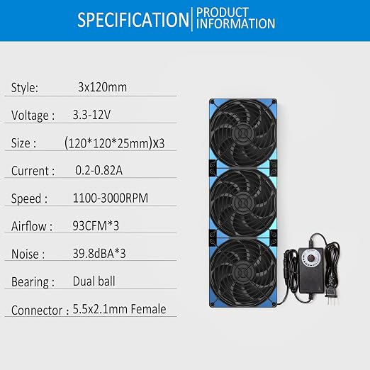 120mmx3 360mm Adjustable Computer PC Vent Fans 3-12V Speed Controller for Chicken Coop Rack Space Window Wall Cabinet Server Mining Rig Exhaust Cooling