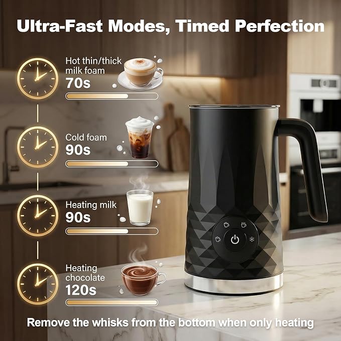 Milk Frother, 4 in 1 Electric Milk Steamer, 11.8oz/350m Automatic Warm and Cold Foam Maker for Coffee, Latte, Cappuccino, Hot Chocolate, Dishwasher Safe