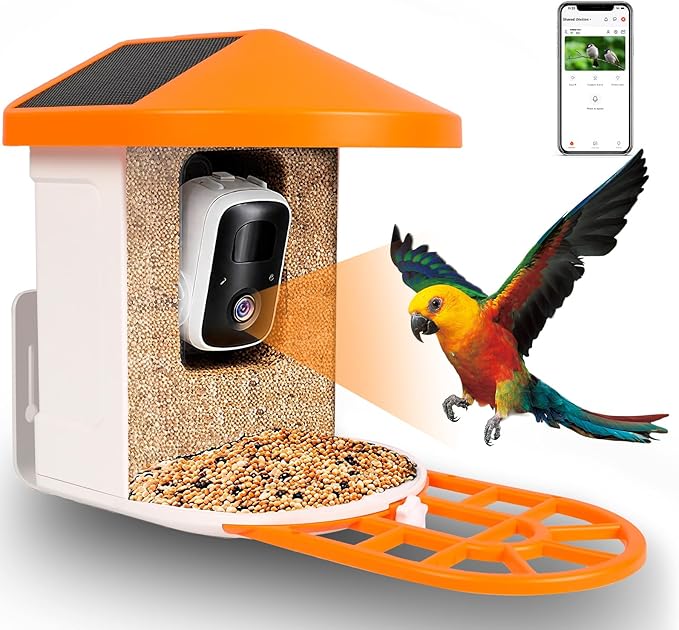 5W Solar Powered Bird Feeder with Camera - Smart Birdfeeder with 64GB SD Card, 2K Live View, AI Identification, Weatherproof Outdoor Bird Feeder for Backyard, Night Vision & Auto Capture